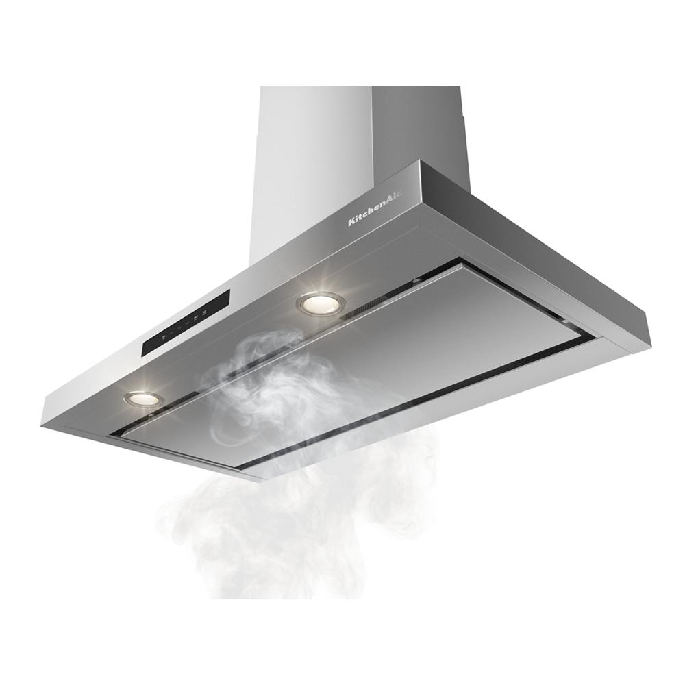 Stainless steel 36-inch wall-mount canopy hood with four-speed fan and built-in lights in kitchen appliances collection
