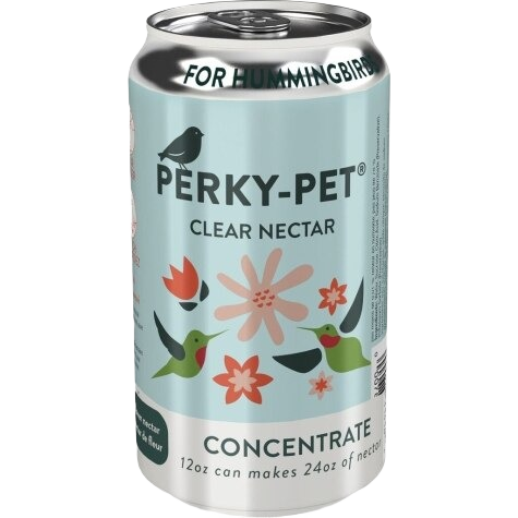 Light blue can of hummingbird nectar concentrate with floral and bird illustrations in wildlife supplies collection