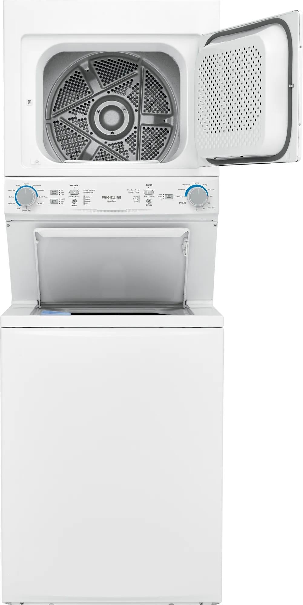 White gas washer and dryer laundry center with open front-load dryer door and top-load washer door showing interior drums and control knobs, part of appliance laundry centers at Hartville Hardware.