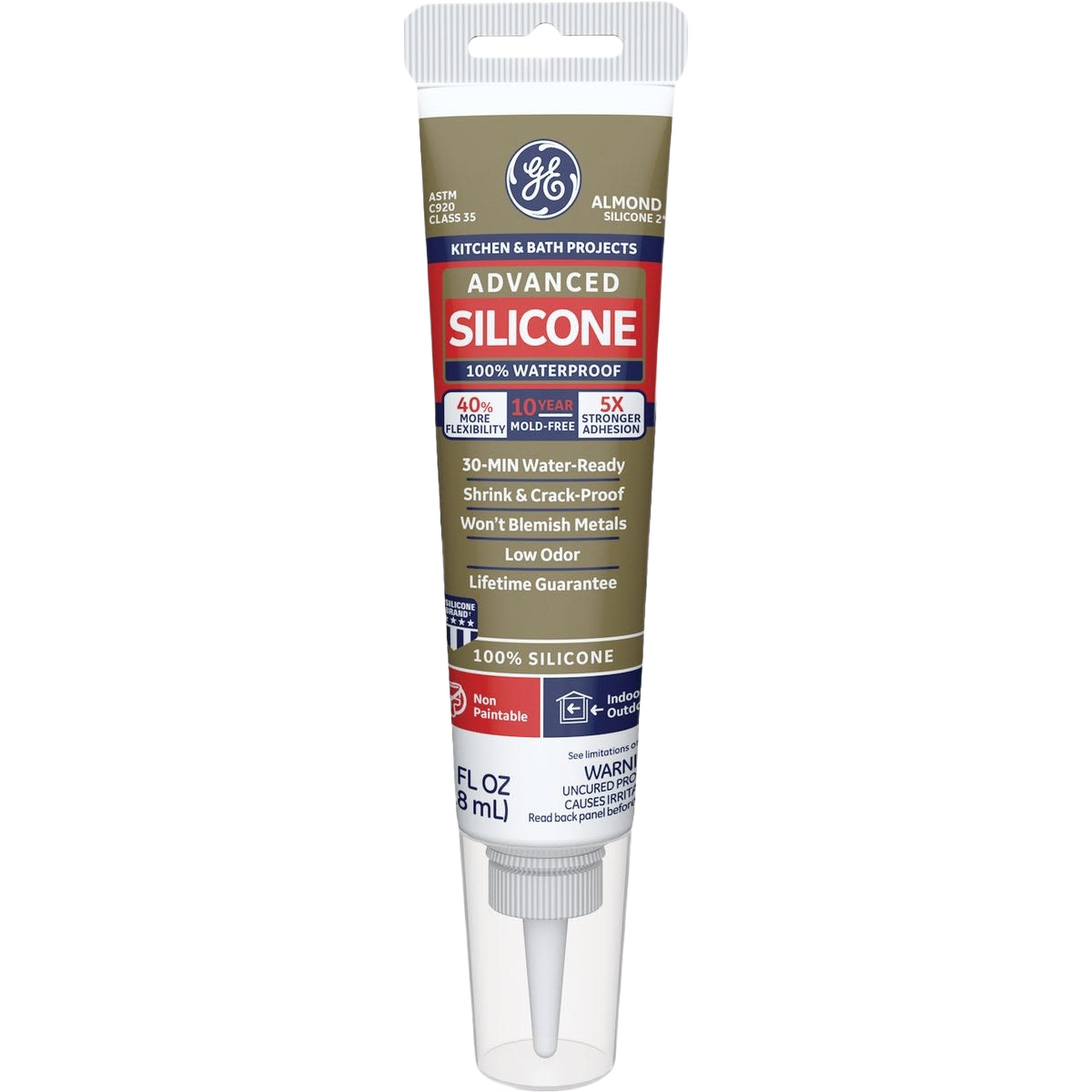 Tube of GE almond-colored silicone sealant for kitchen and bath projects with waterproof and mold-resistant features