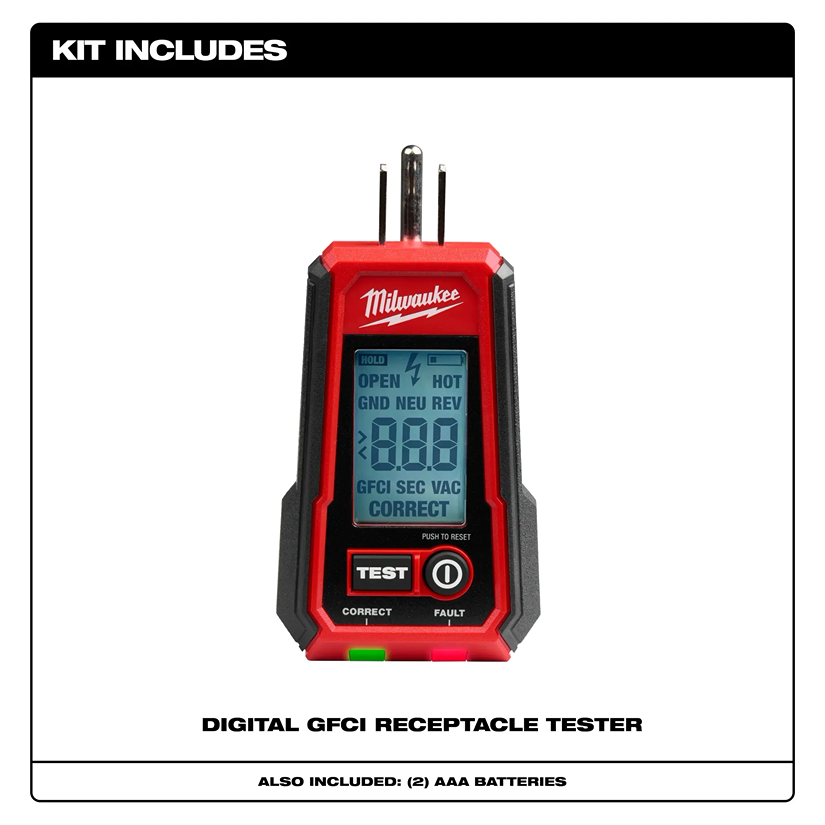 Red and black Milwaukee digital GFCI receptacle tester with backlit display for tools and home improvement tasks