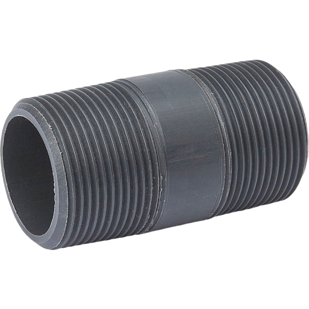 Black Schedule 80 PVC pipe nipple with threaded ends for plumbing applications in Pipes & Fittings collection under $50