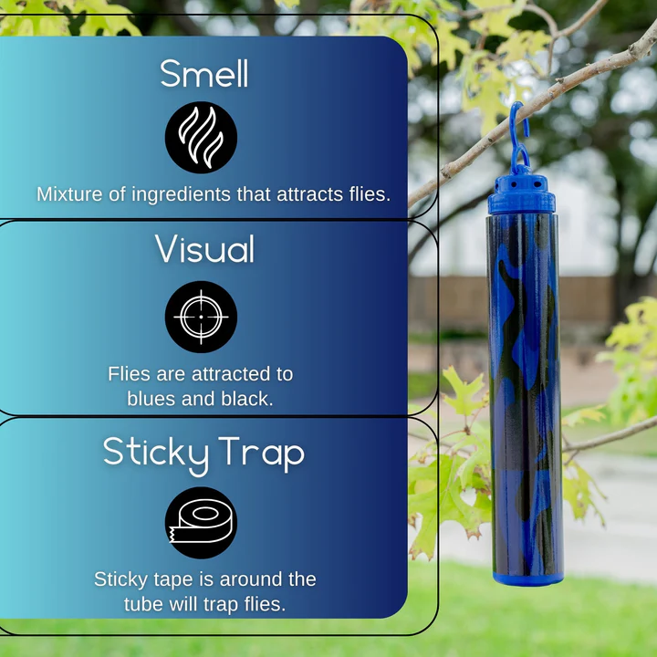 Blue and black outdoor fly trap hanging from tree branch using sticky tape for insect and pest control in lawn and garden