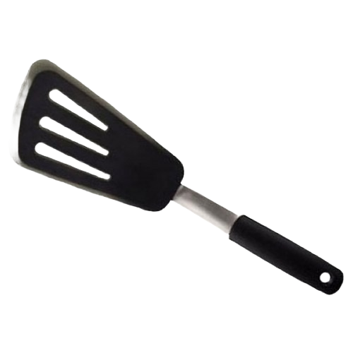 Black silicone flexible turner with slotted head and black handle for kitchen utensils and cooking tools collections