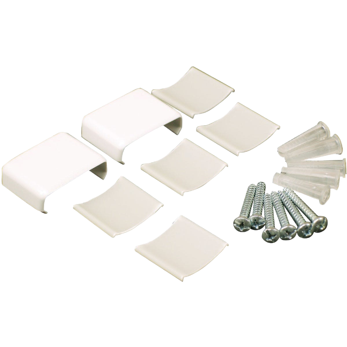 White plastic wire channel connectors, wire holders, and metal screws for electrical conduit and fittings installation projects
