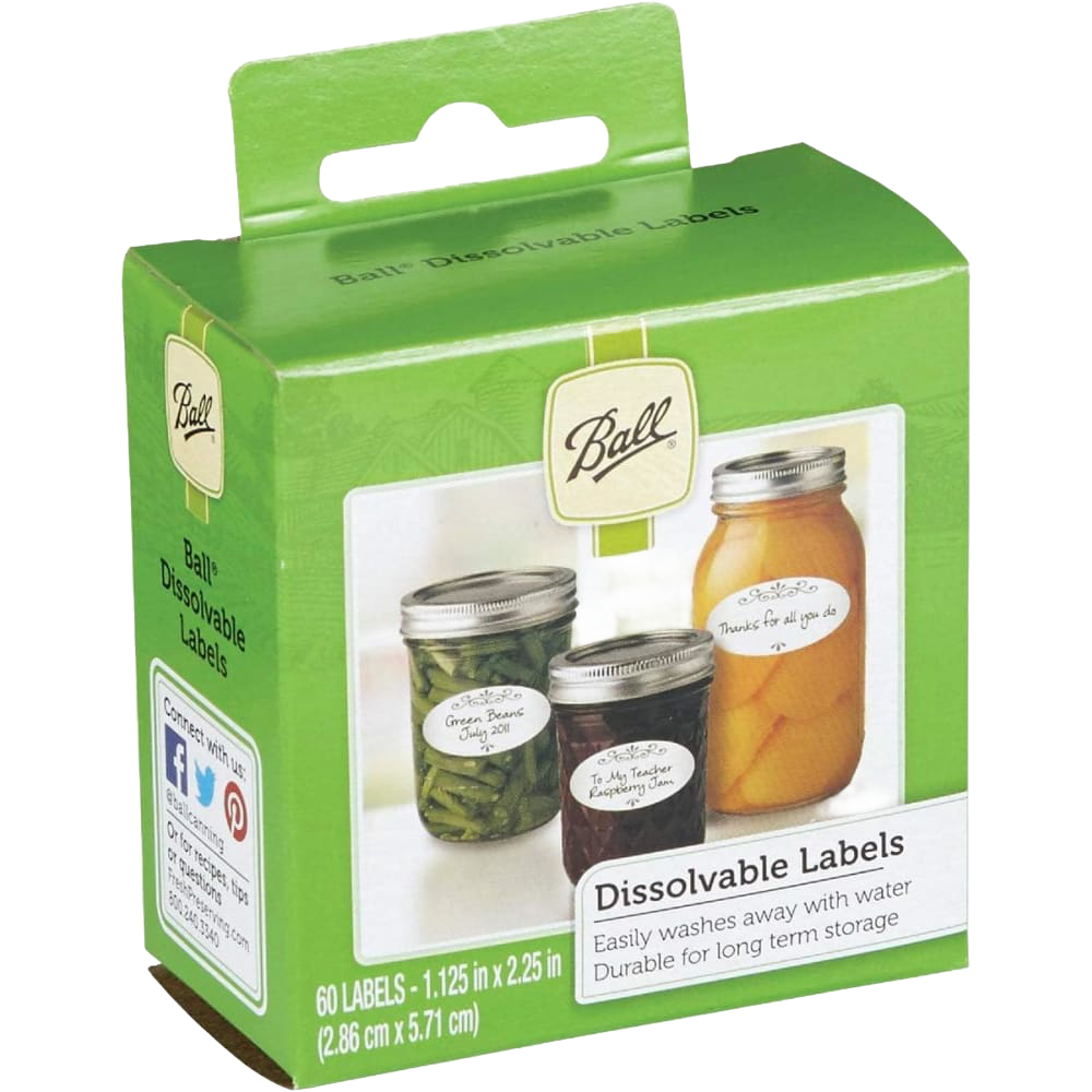 Green and white Ball dissolvable jar labels packaging with images of labeled jars in Kitchenware collection