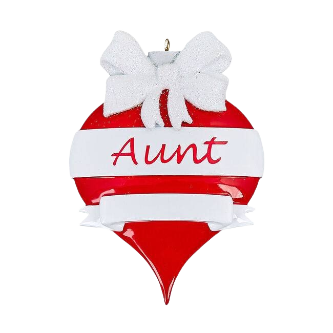 Red and white teardrop Christmas ornament with white bow and personalized Aunt lettering in holiday decor collection