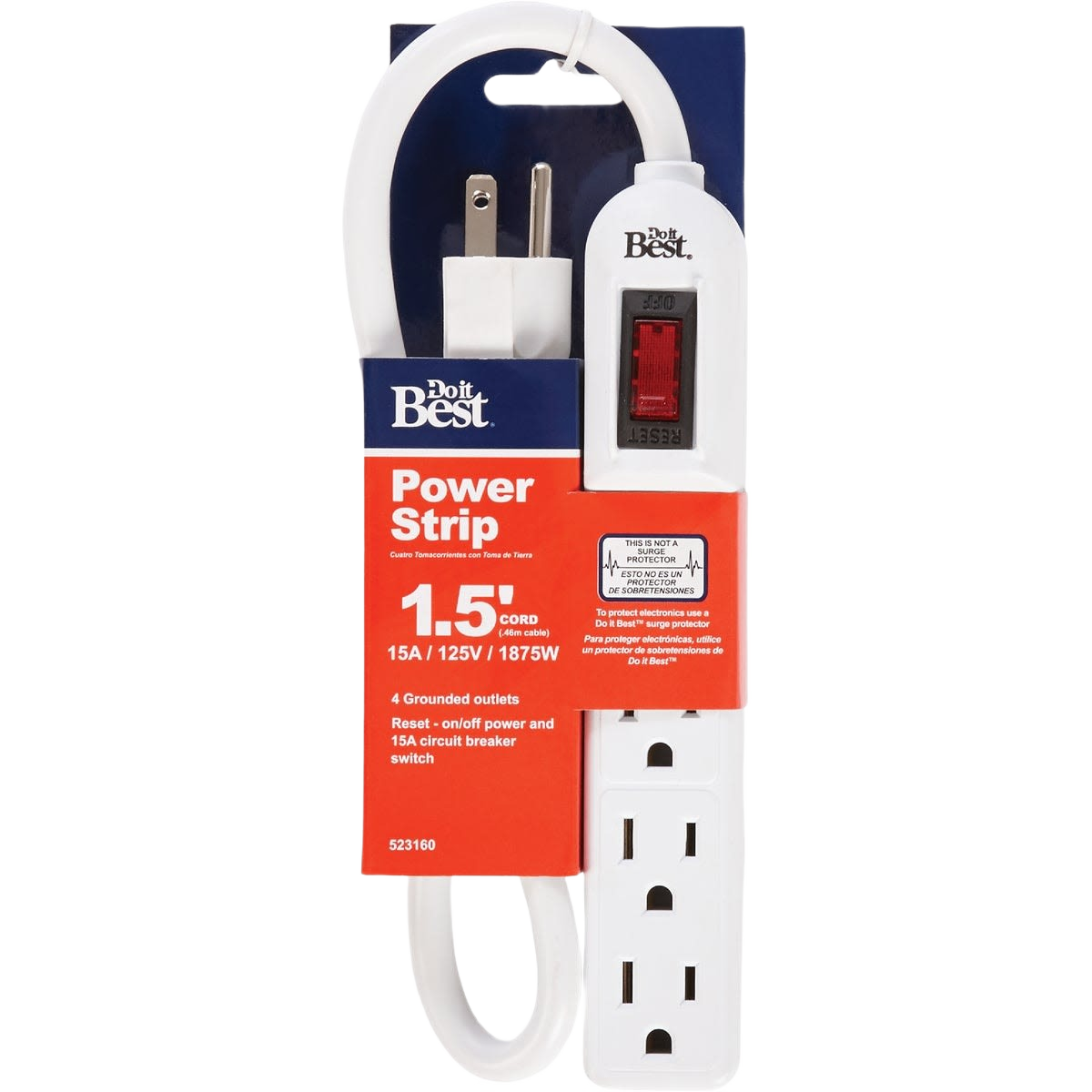 White 4-outlet power strip with 1.5-foot cord and reset switch for electrical and home improvement use