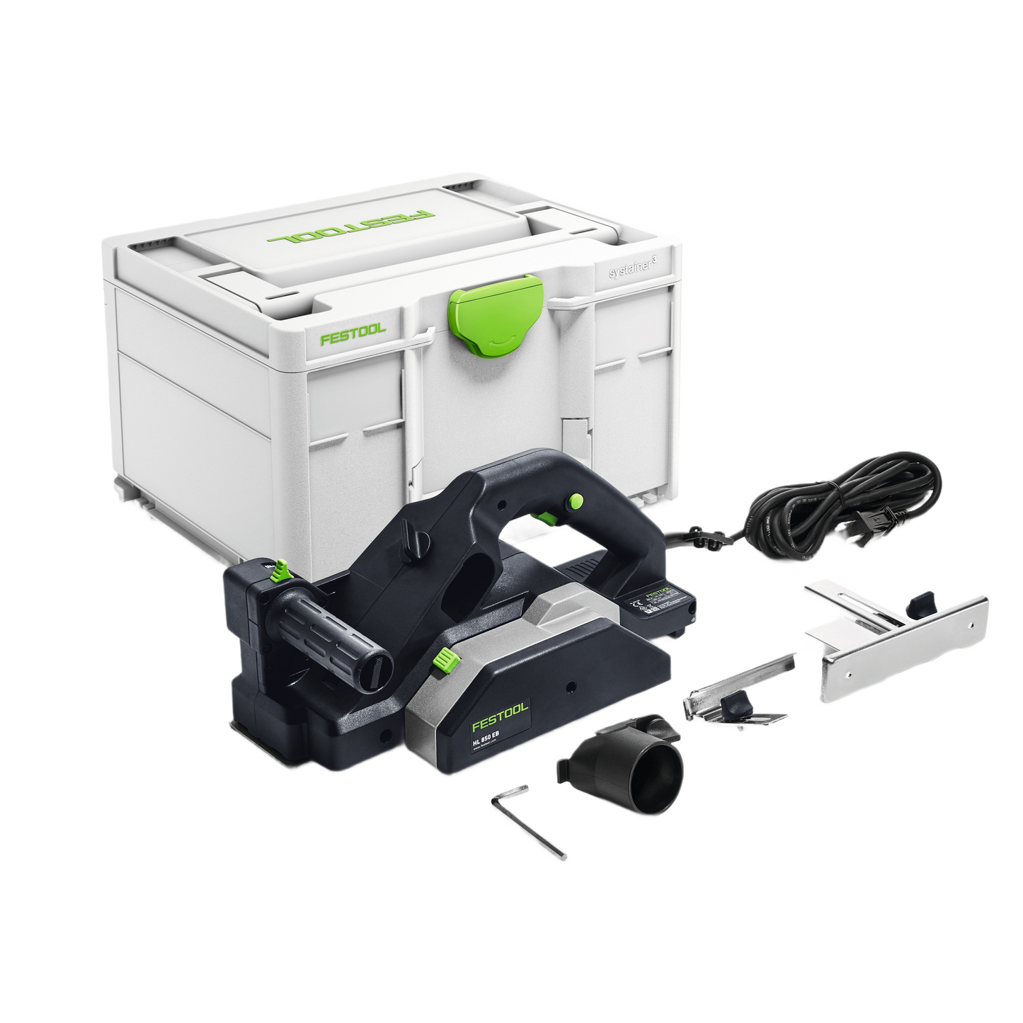 Compact black and gray electric planer with cord, accessories, and white storage case for home improvement tasks