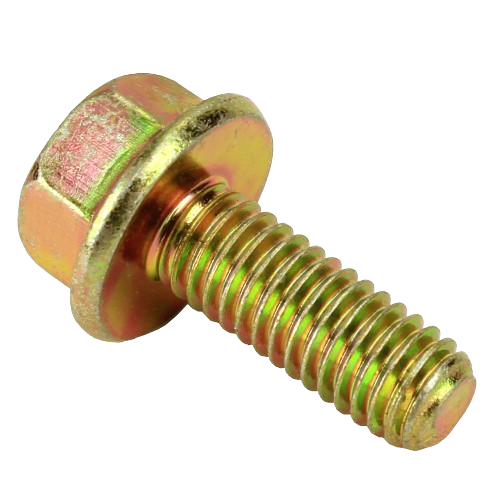 Gold-toned hex flange screw with coarse threading, suitable for machinery repair and tools in home improvement tasks