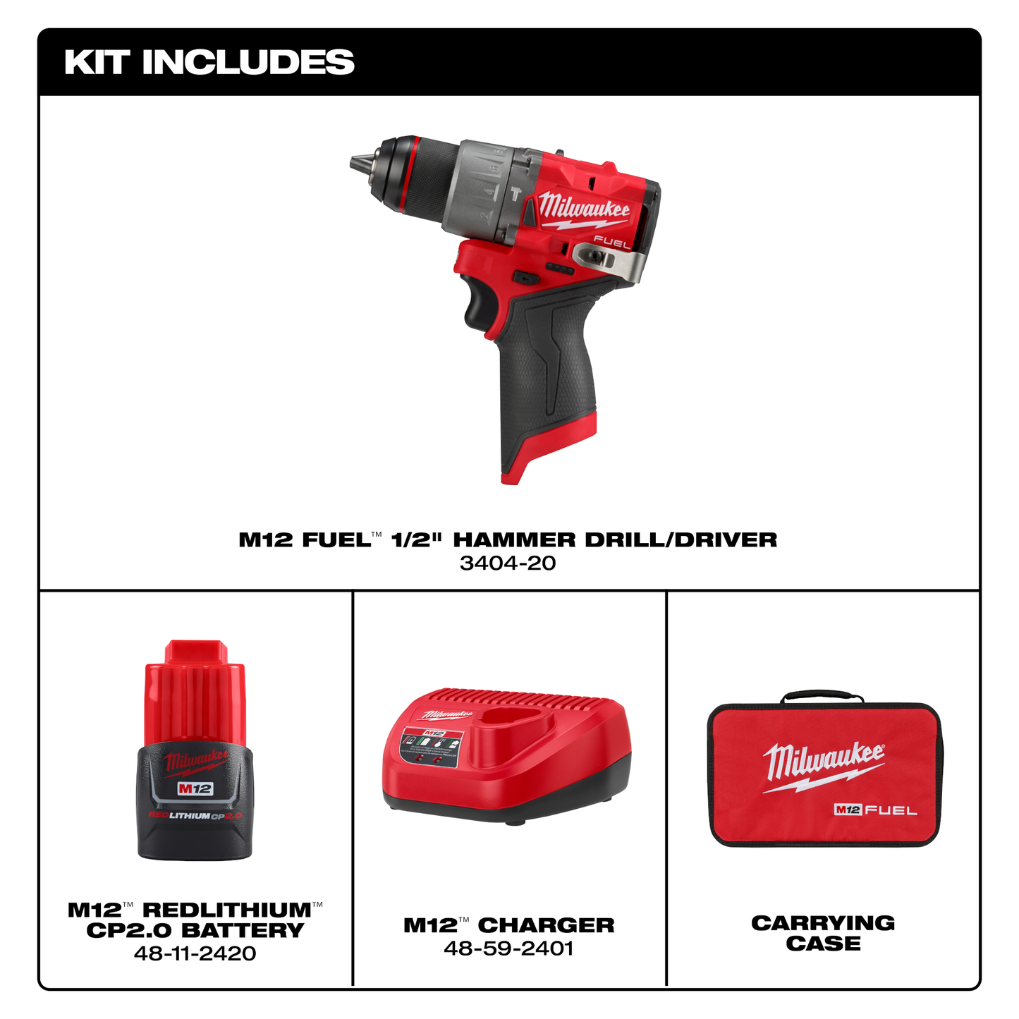 Milwaukee M12 FUEL 12-Volt Lithium-Ion Brushless Cordless 1/2" Hammer Drill Kit with 1 Compact 2.0Ah Battery Pack and 1 Charger