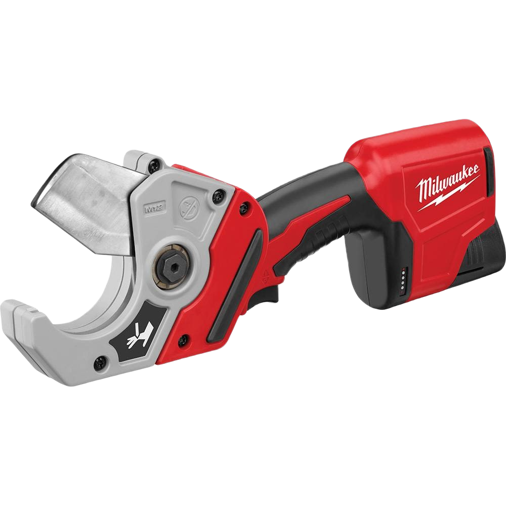 Cordless compact pipe shear with red and black ergonomic handle for efficient plastic pipe cutting in home improvement tasks