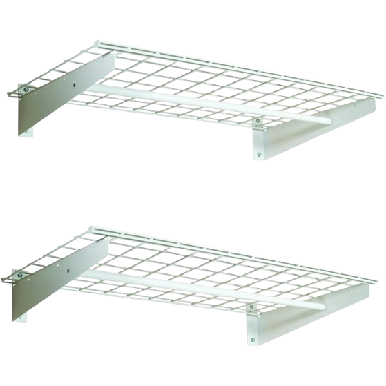Two white metal wire shelving units designed for wall mounting in storage and garage organization use