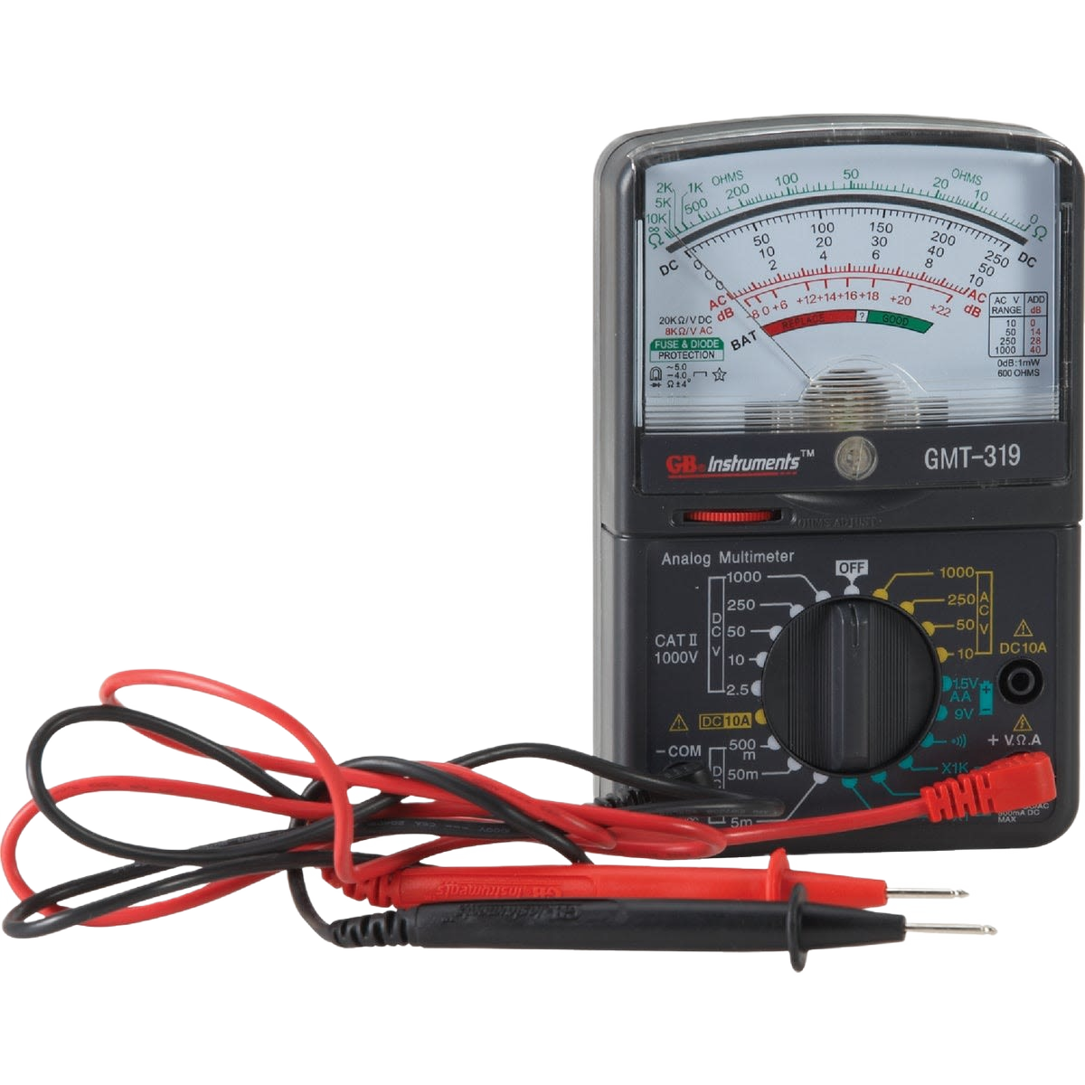 Compact analog multimeter with dial and probes for electrical testing in tools and home improvement tasks