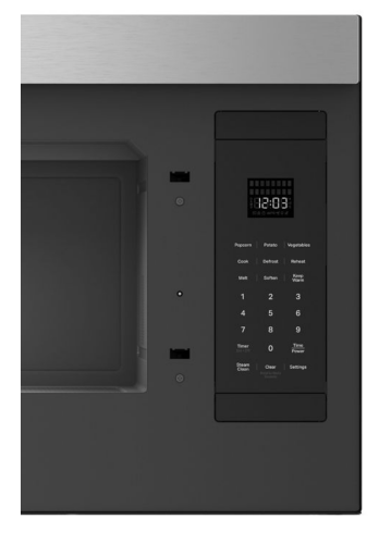 Over-the-range microwave with flush built-in design, digital control panel, and stainless steel trim for kitchen appliances