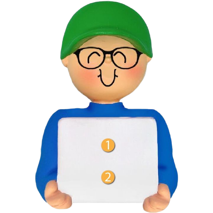 Personalized boy ornament wearing glasses and green cap holding blank white sign for Christmas tree decor collection