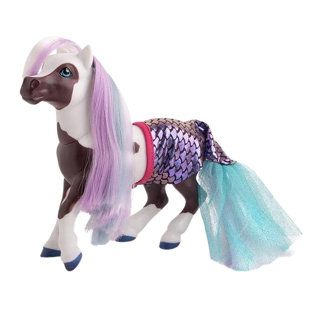 Toy mer-pony figure with purple scale pattern tail, pink and white mane, and detailed facial features