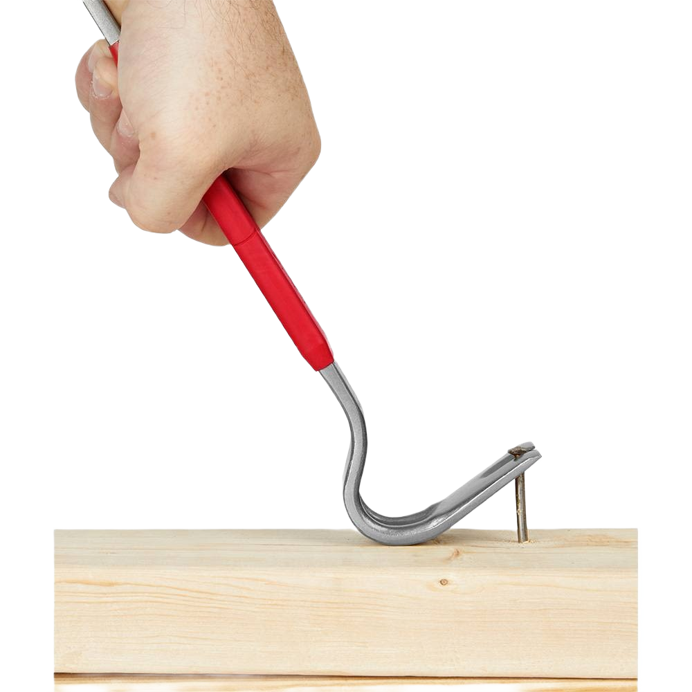 Hand holding Milwaukee 15-inch pry bar with red grip removing nail from wooden plank for home improvement tasks