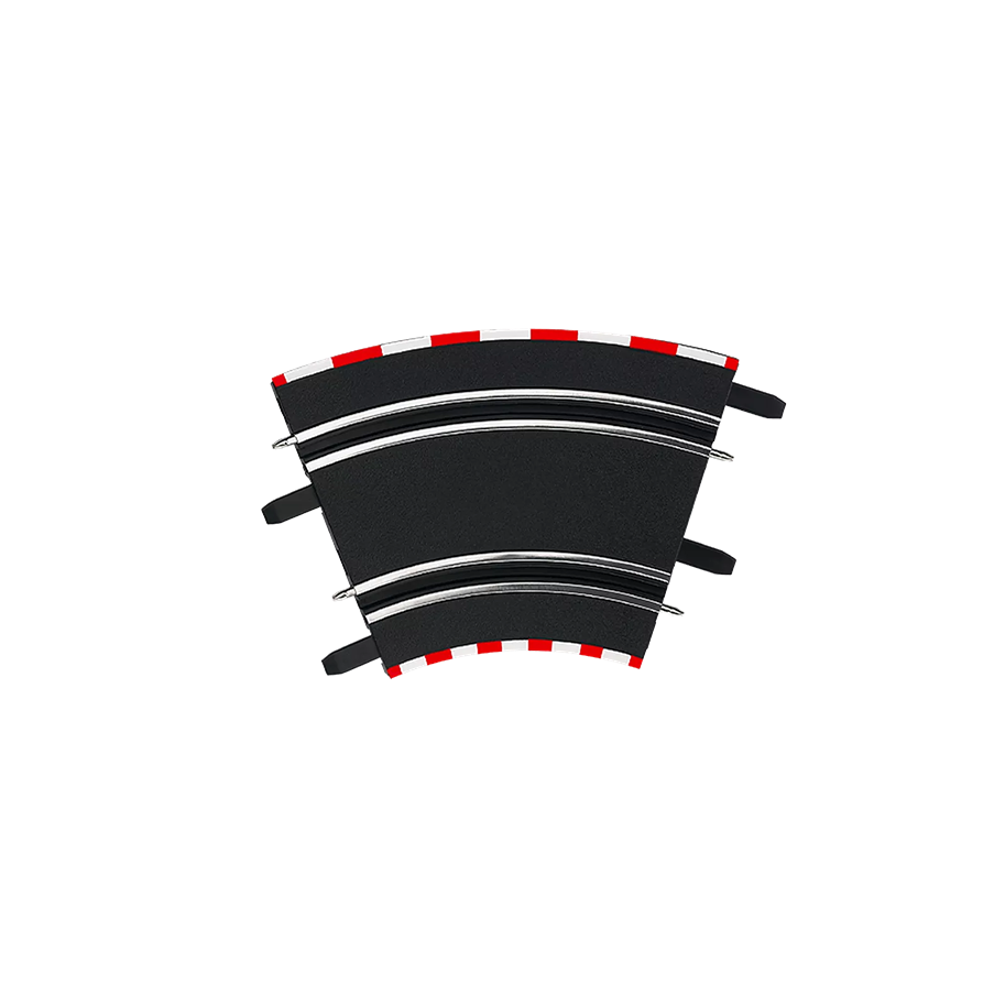 Black plastic vintage style race track curve piece with red and white striped edges for slot car racing sets