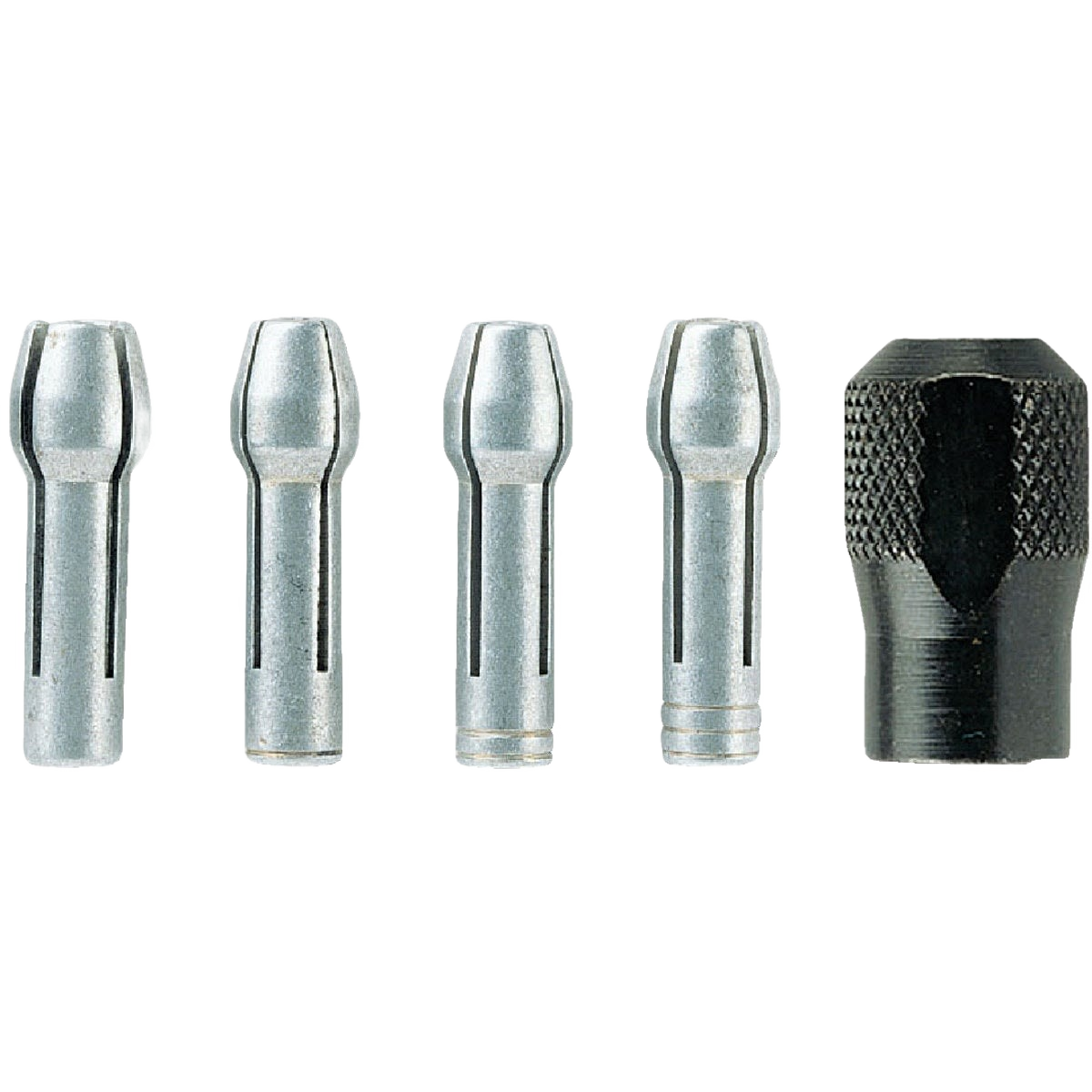 Set of silver collet pieces with a black textured nut for rotary tool accessories in power tool collections under $50