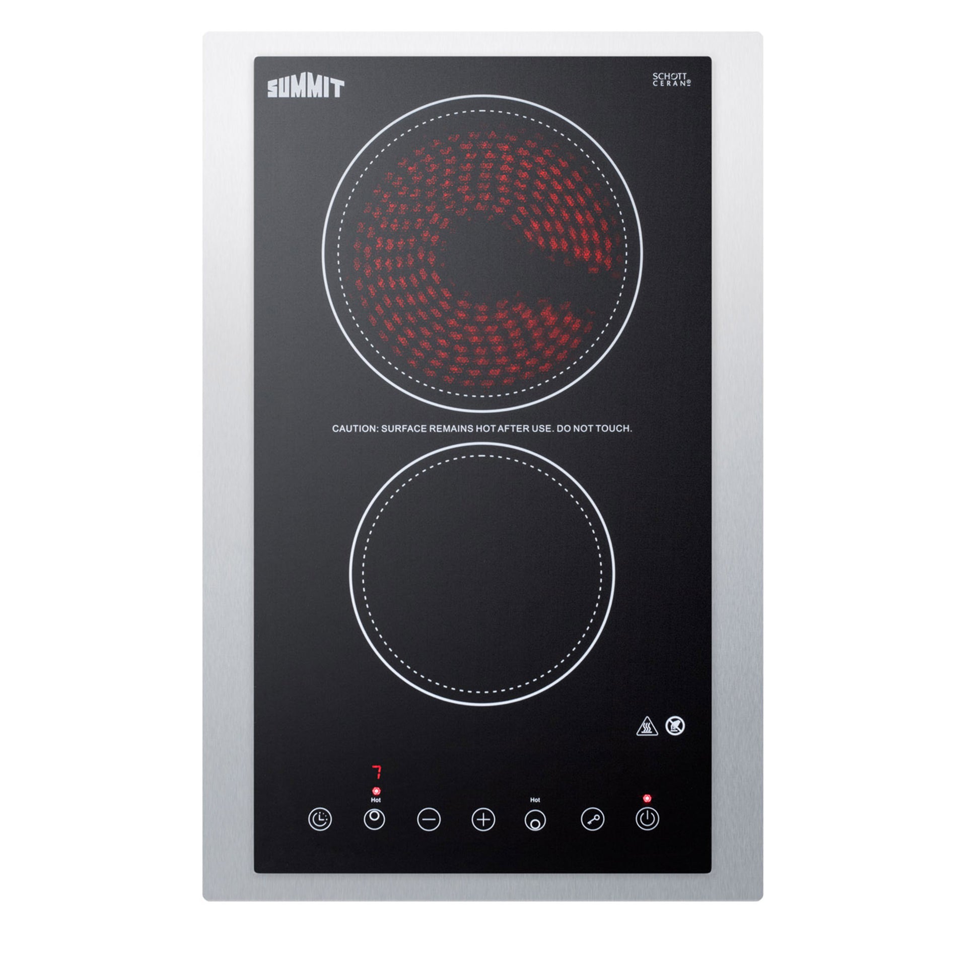Black and stainless steel 15-inch 2-burner radiant cooktop with touch controls for compact kitchens and home improvement.