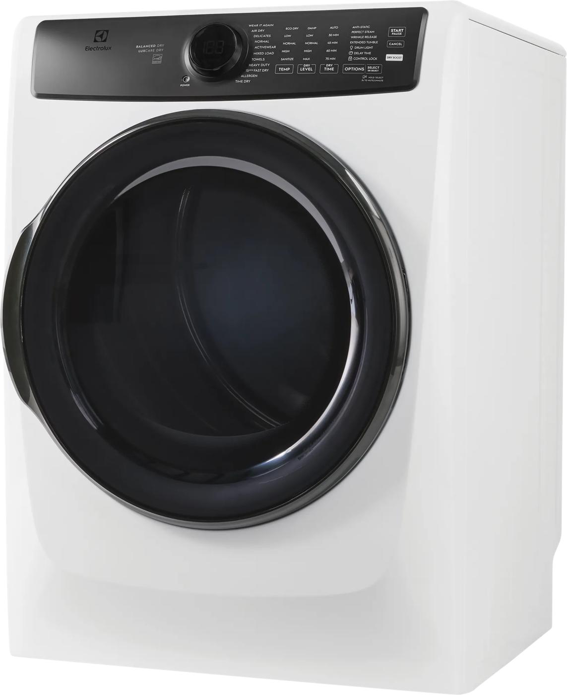 White front load gas dryer with large black door and digital control panel from Dryers and Gas Dryers collections