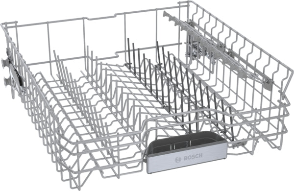 Adjustable upper dishwasher rack with sliding rails and utensil holders from Bosch Appliances collection
