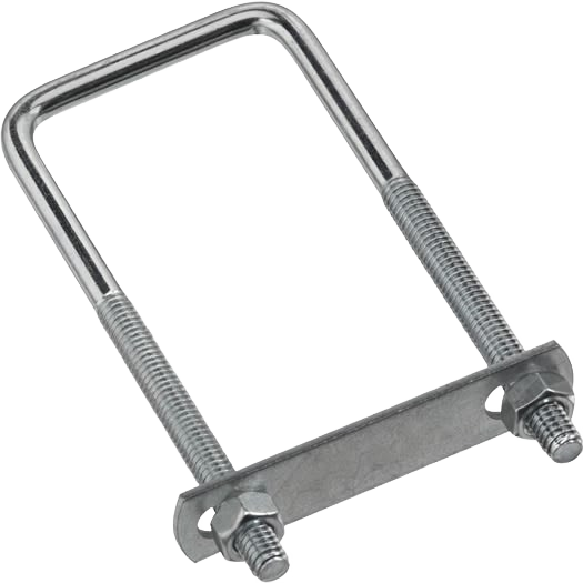 Zinc-plated steel square U bolt with nuts for securing rectangular wood or metal objects in hardware collections