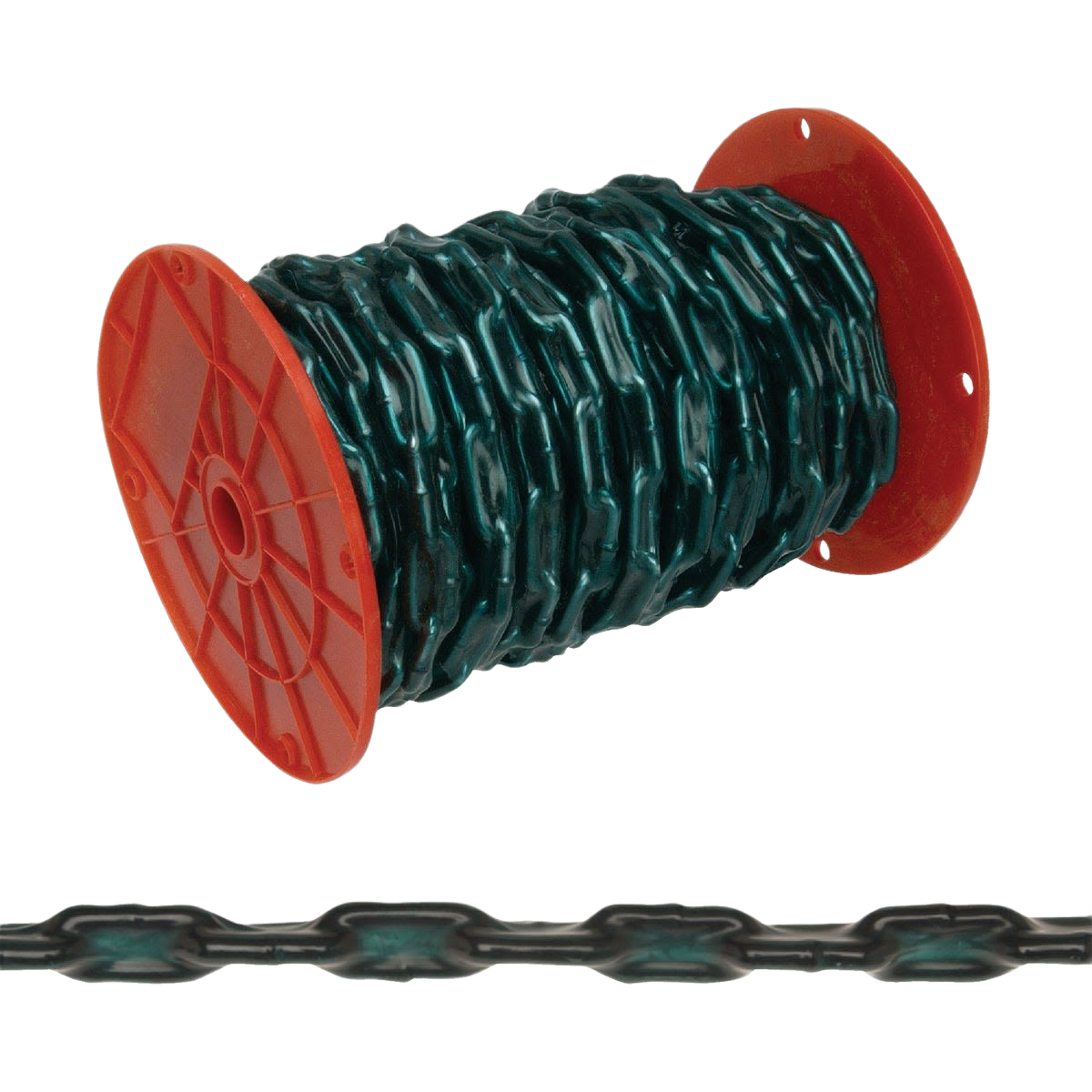 Green coil chain wound on red plastic spool for swing set replacement or home improvement projects