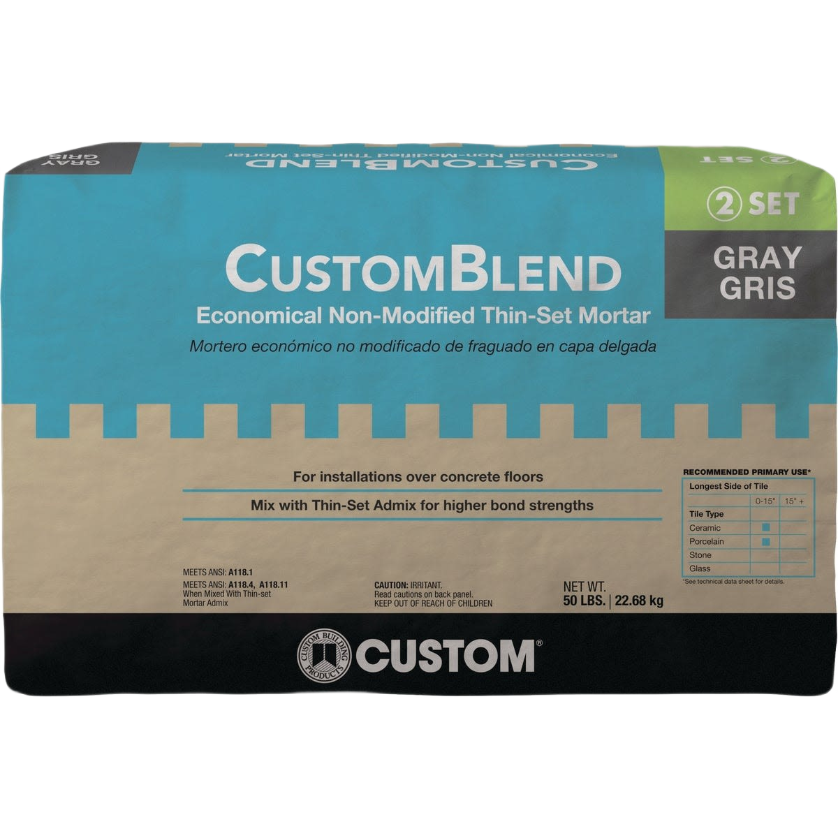 Bag of gray Custom-Blend economical thin-set mortar mix for tile setting in flooring and masonry projects