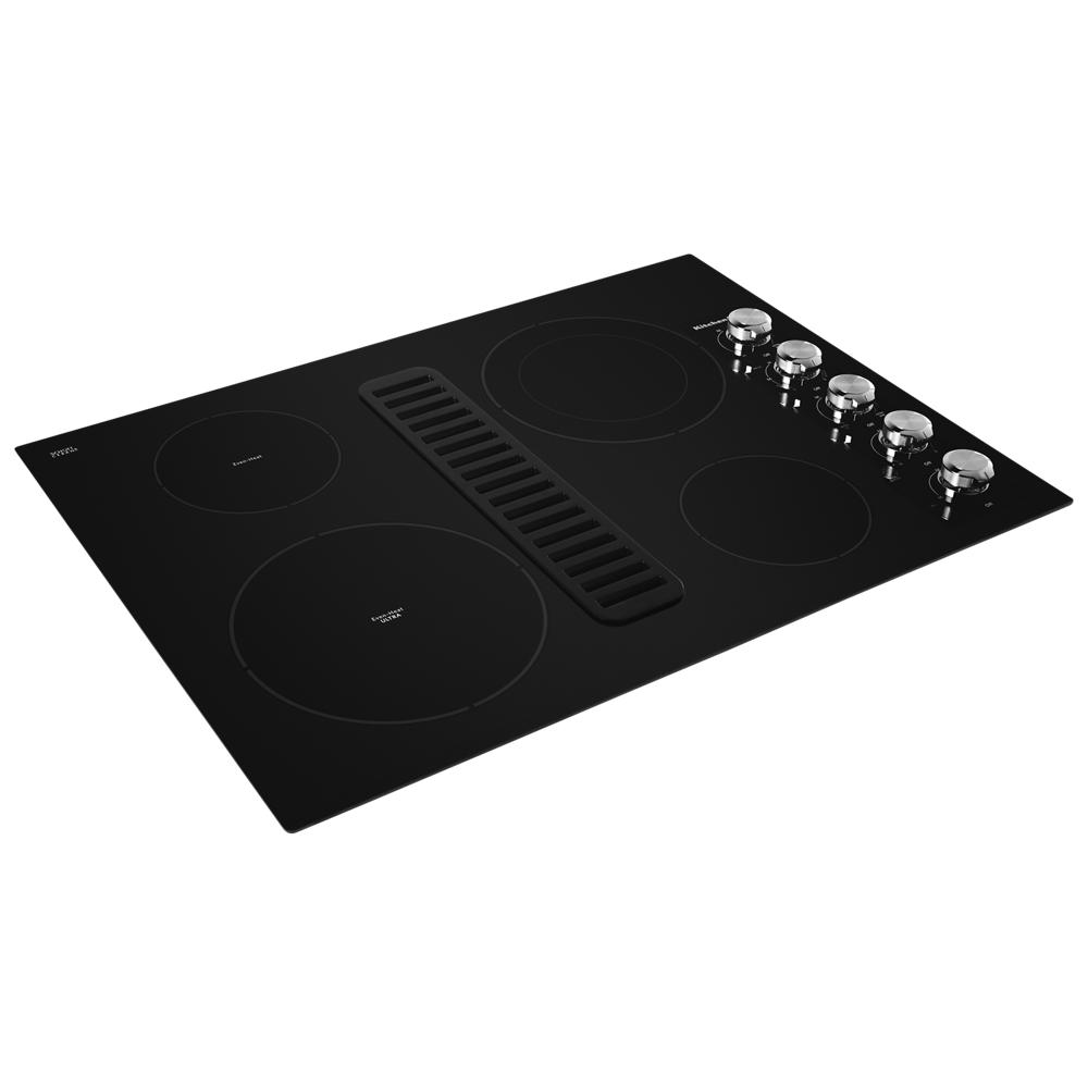 30-inch black electric cooktop with four elements, integrated downdraft vent, and stainless control knobs in Cooktops collection