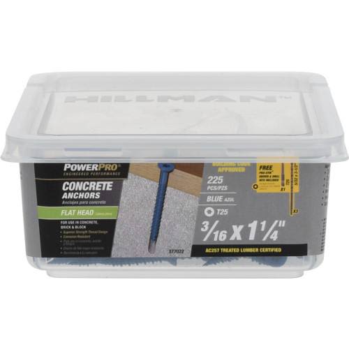 Plastic container of blue flat-head concrete screw anchors for hardware, fasteners, and lumber building materials under $50 collections