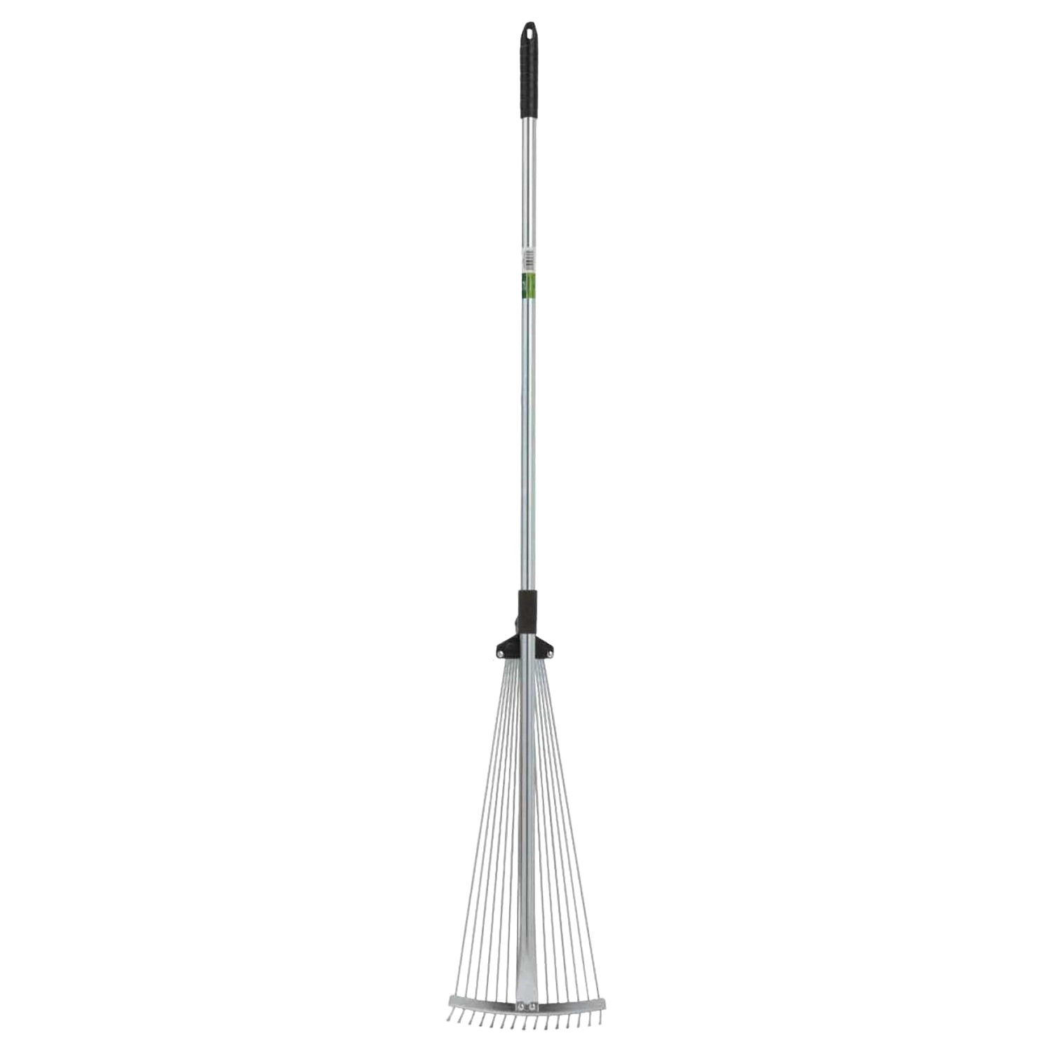 Adjustable steel leaf rake with 25-inch shaft and ergonomic grip for outdoor garden and leaf collecting tasks