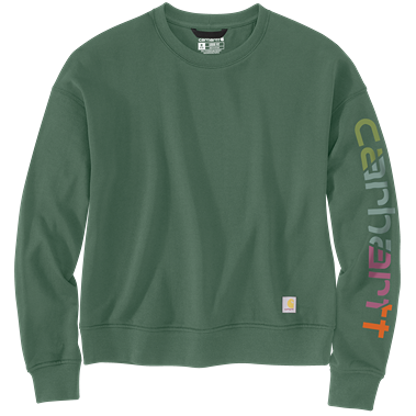 Frosted balsam green women's sweatshirt with colorful sleeve graphic in hoodies and clothing under 100 collection