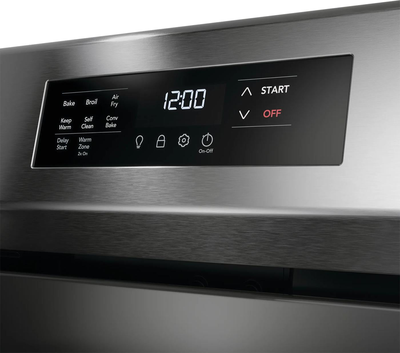 close-up of stainless steel electric range digital control panel with air fry and cooking mode options