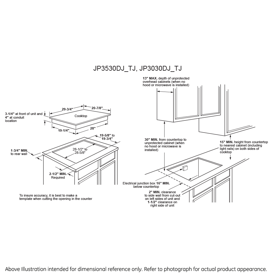 Technical diagram showing precise installation dimensions and clearances for a built-in electric cooktop in a kitchen setting