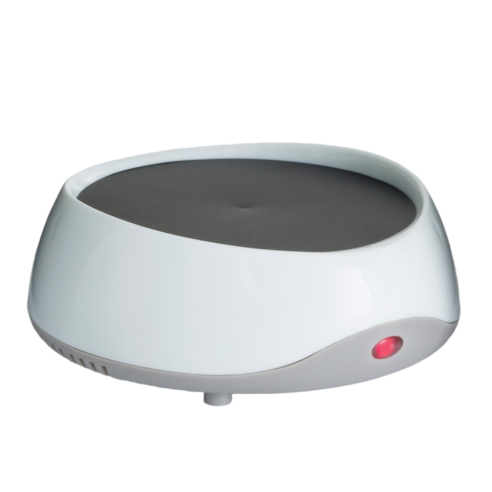 White and gray candle warmer with auto shut-off feature and red indicator light for home use and safety