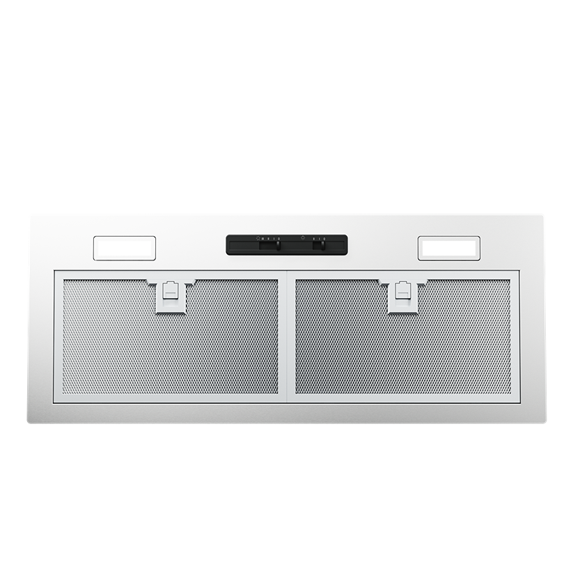 Undermount stainless steel range hood insert with dual aluminum mesh filters and LED lighting in kitchen appliances collection