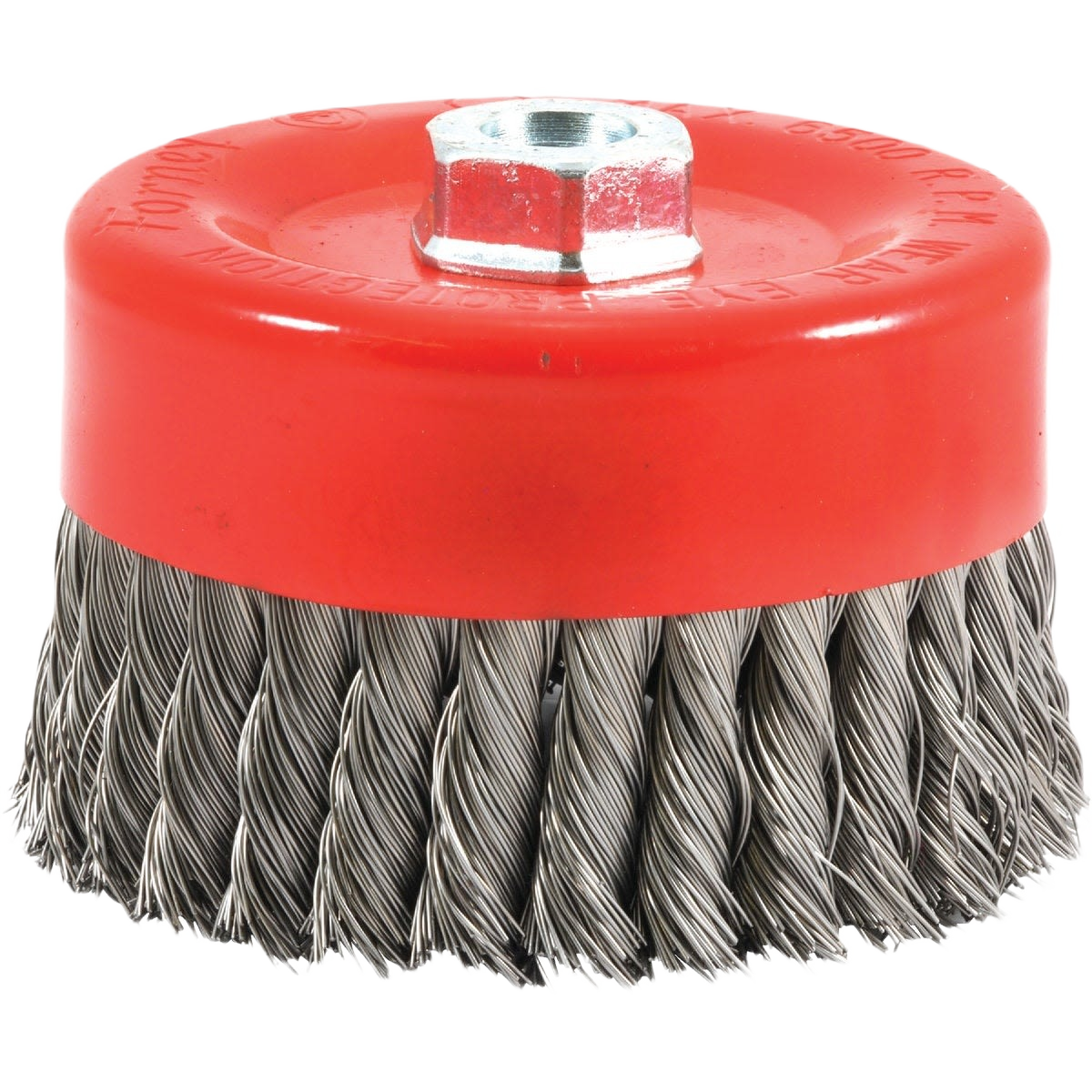 Knotted wire brush with red cap for angle grinder, ideal for heavy-duty cleaning in tool and woodworking accessories under $50
