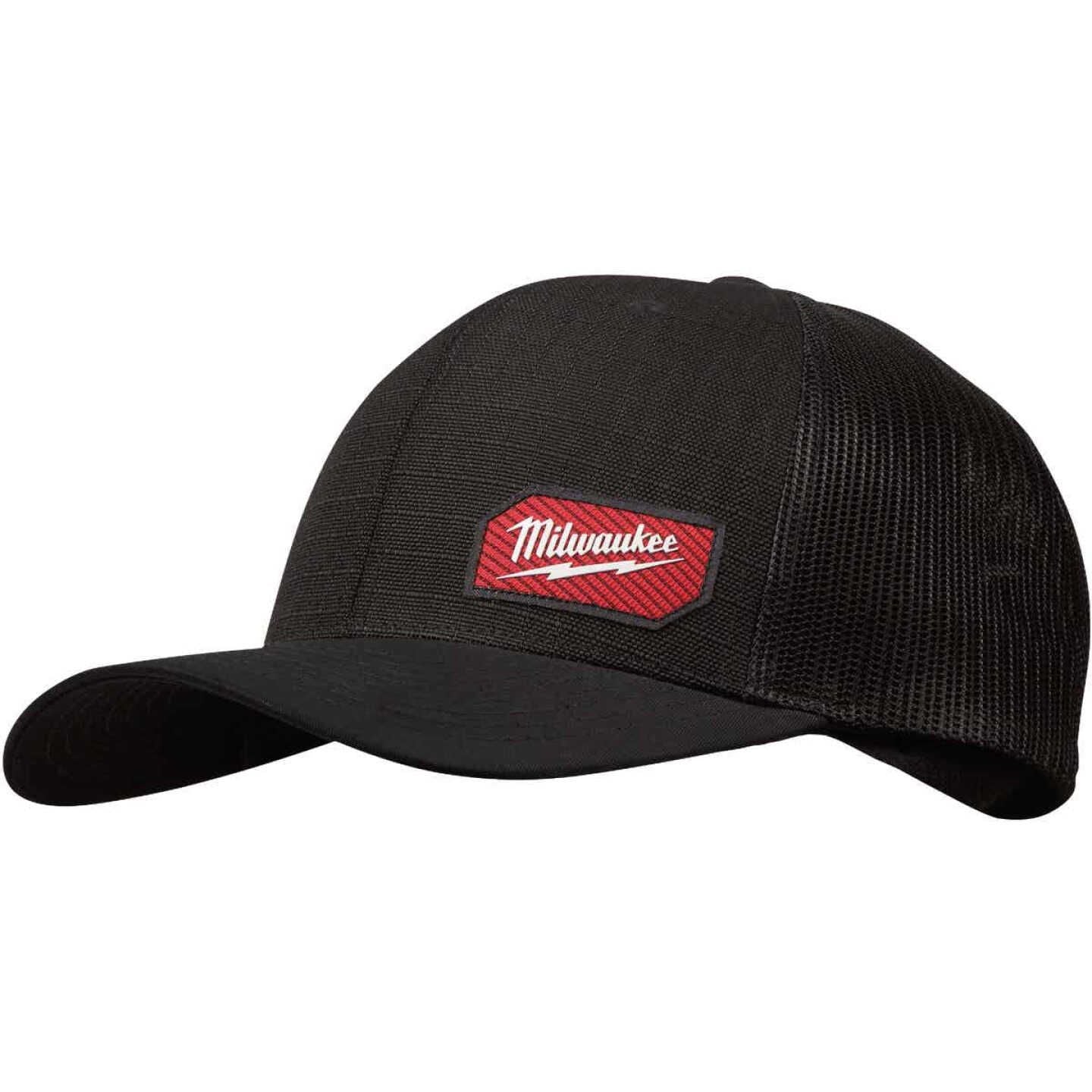 Black snapback trucker hat with red logo patch designed for tools and home improvement professionals