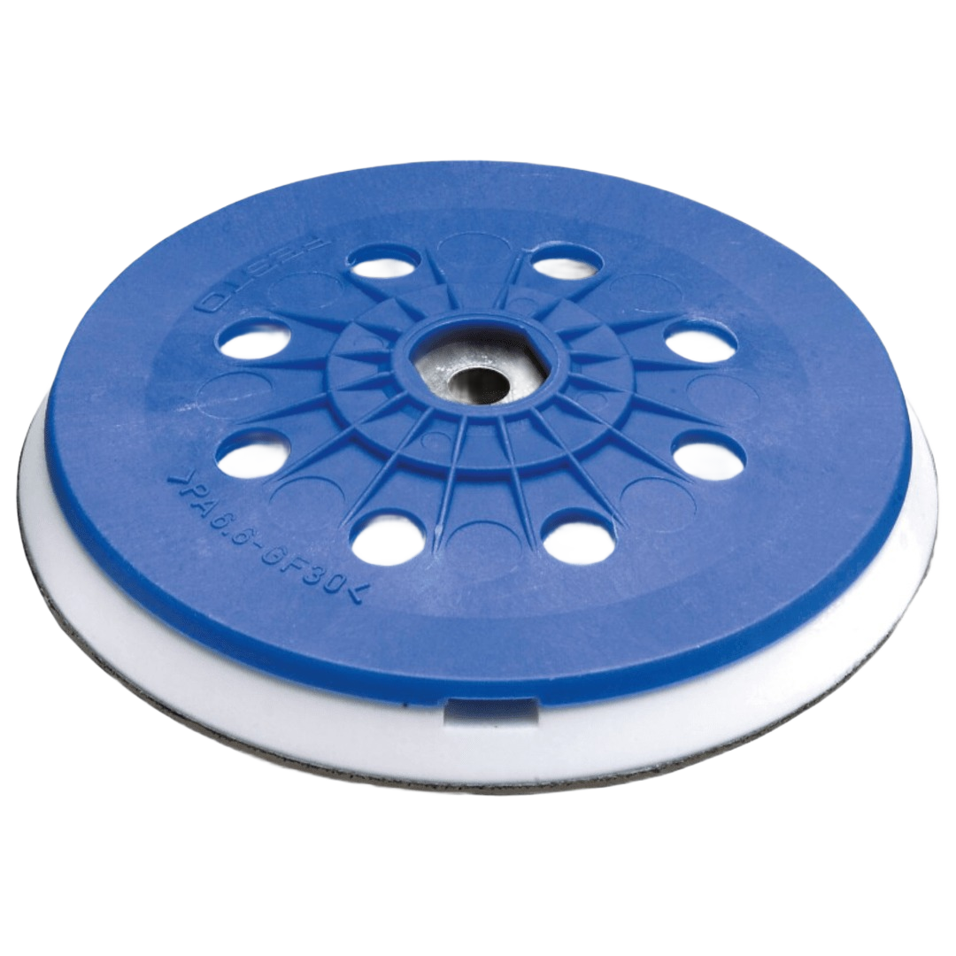 Blue and white hard backing pad designed for sanding discs in woodworking and power tool accessories collections