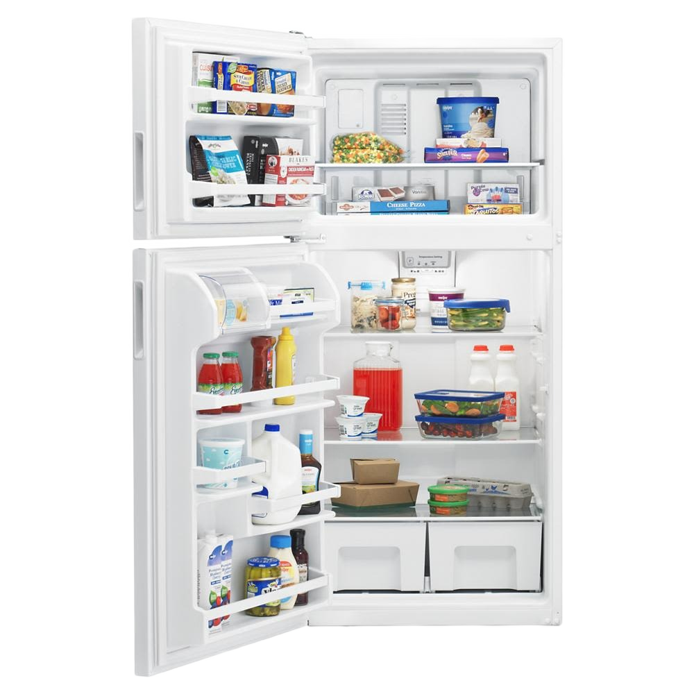 White 30-inch top-freezer refrigerator with clear glass shelves stocked with groceries in kitchen appliances collection