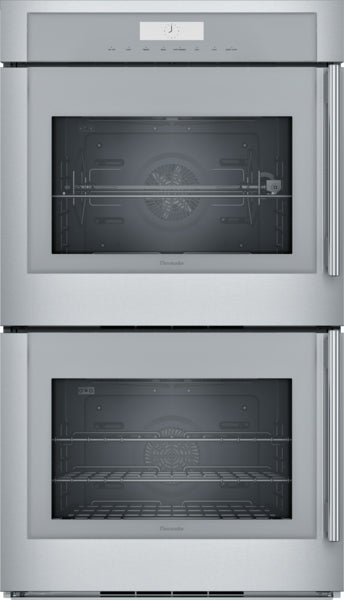 Stainless steel double wall oven with side opening door and multiple cooking modes from Thermador Appliances collection