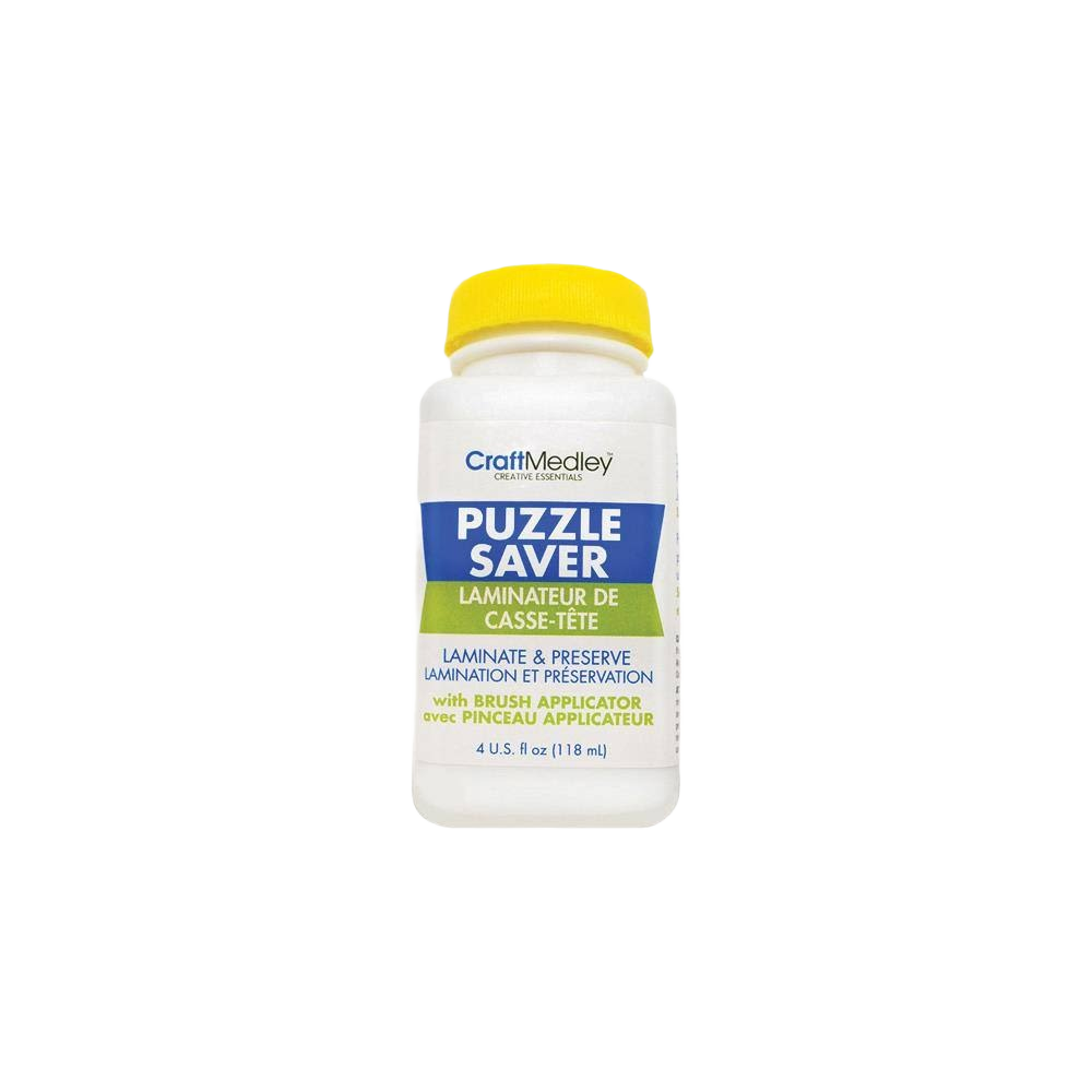White bottle of puzzle saver glue with yellow cap and brush applicator for protecting and preserving puzzles