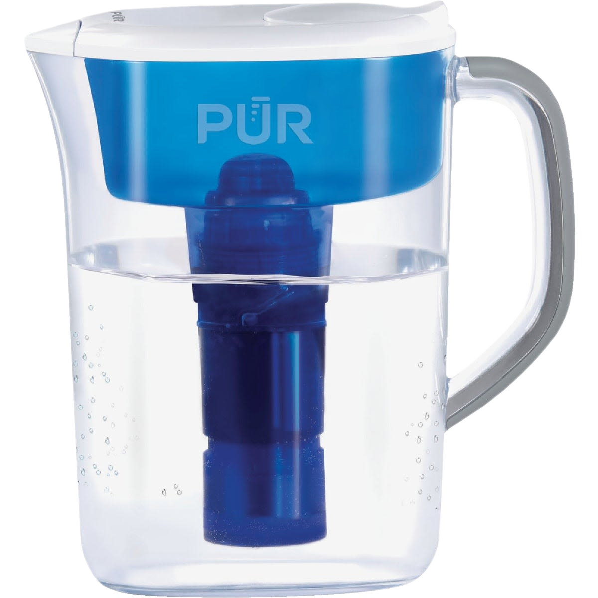 Clear water filter pitcher with blue top and built-in filtration system for improved water taste and quality
