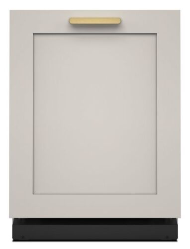 Panel-ready dishwasher front with smooth gray surface and brass handle from KitchenAid appliances collection