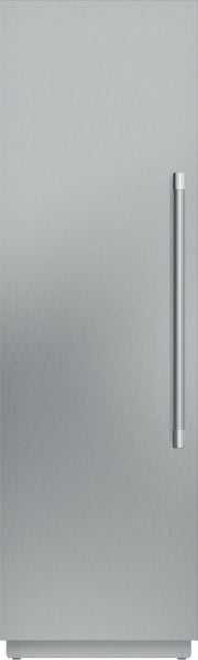 Tall built-in freezer column with stainless steel panel and sleek vertical handle in Thermador kitchen appliances collection