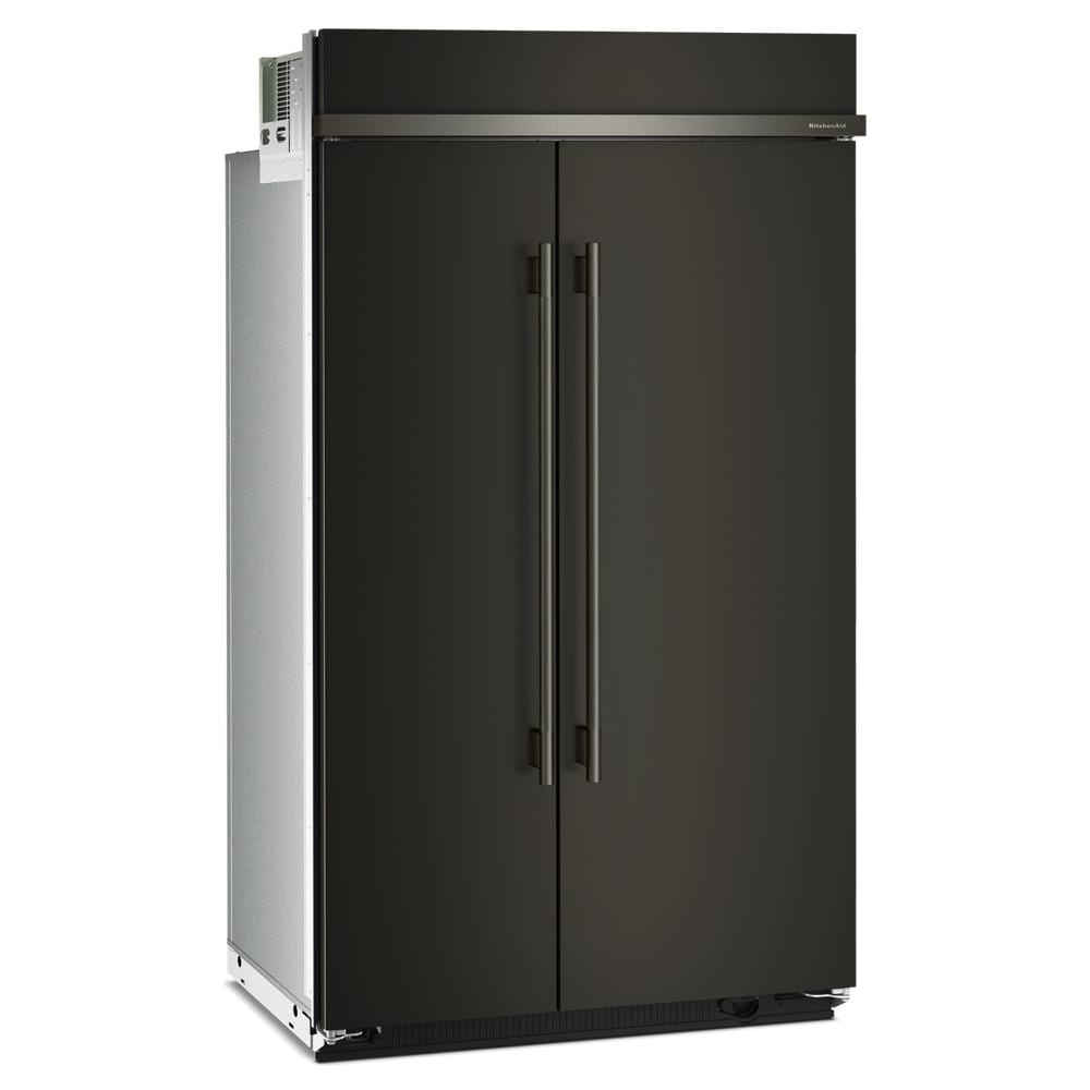 Built-in side-by-side refrigerator in black with vertical handles, part of KitchenAid Appliances and Refrigerators collections