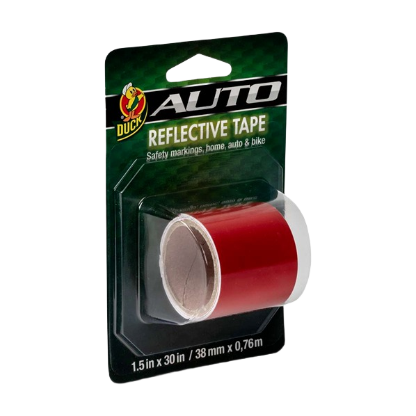 Red reflective tape roll in green branded packaging designed for safety and home improvement applications.