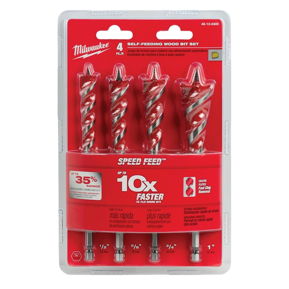 Set of four self-feeding wood bits with spiral flutes in tool accessories under $50 for home improvement projects